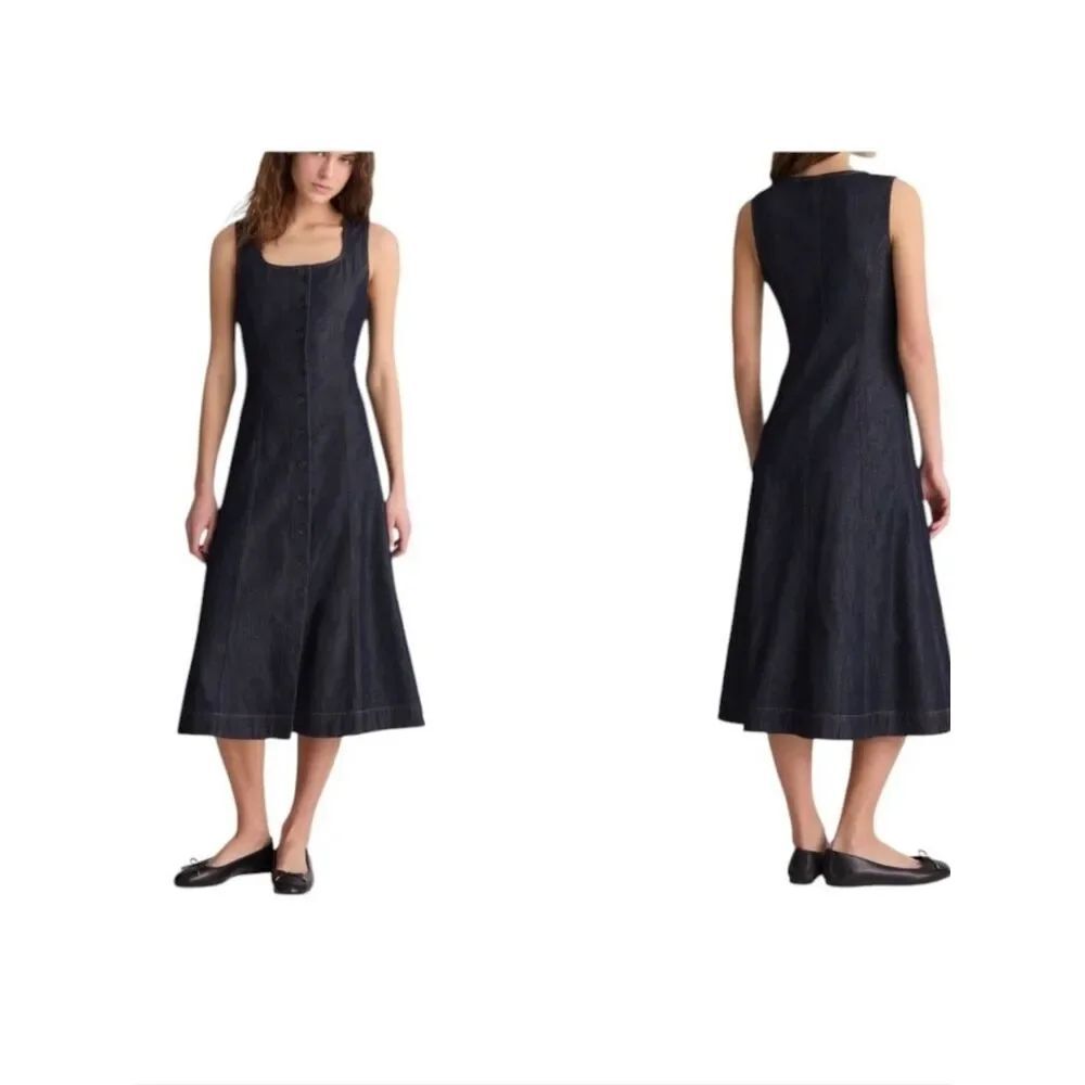 NWT Madewell Airy Denim Squareneck Button-Front Midi Dress Blue 14